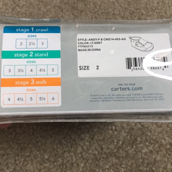 Carter’s Baby Shoes. Stage 1. Size 2. 6-9months - Picture 5 of 8